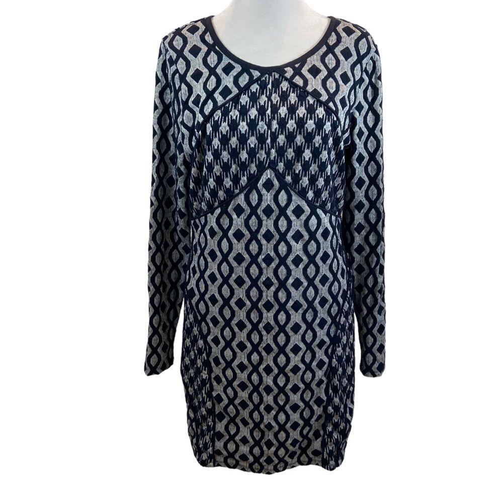 Ladies Tracy Reese Long Sleeve Navy and White Geometric Print‎ Dress Large